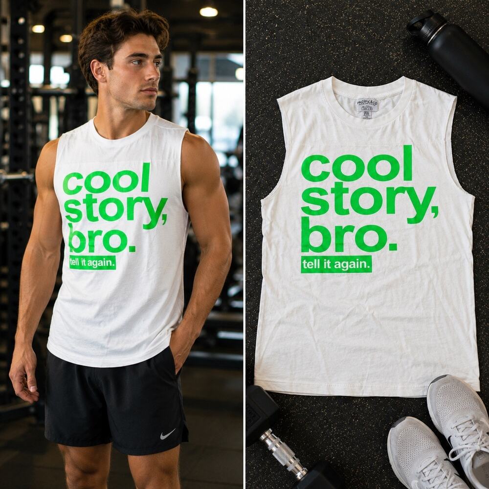 Pacific & Co Cool Story Bro Tell It Again Graphic Muscle Tank Shirt Mens S White